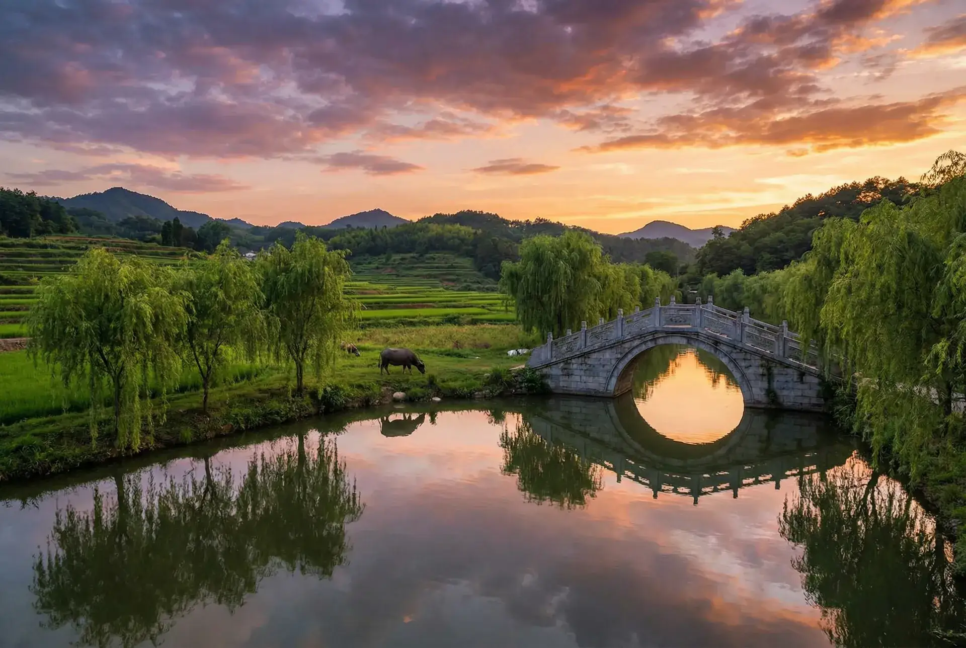 夕阳下的石拱桥与垂柳，水牛在河边吃草 - 回家的欲望剧情 乡村美景